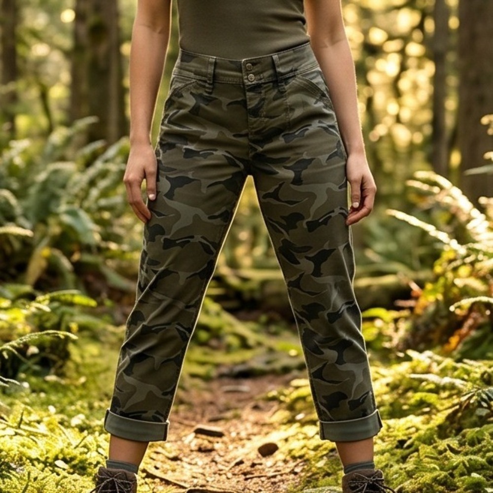 Torrid 14‎ Camo Print Rolled Cuff Cropped Cargo Pants Green Military hiking